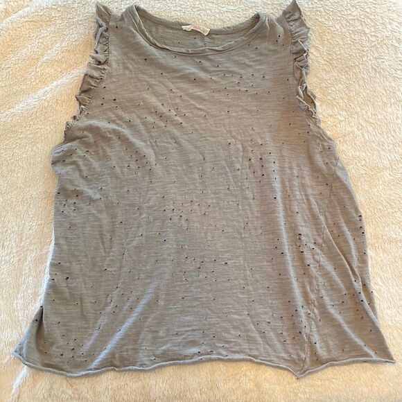 Olive green distressed ruffle sleeve tank top - Picture 1 of 6
